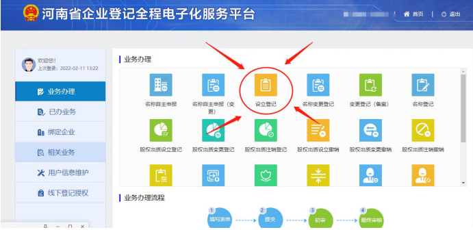 河南省營業執照網上申報進入設立登記